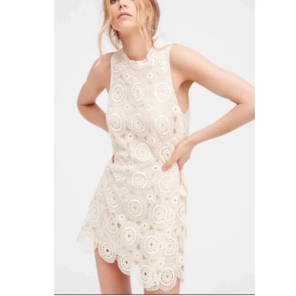 Free People Sz 10 Selma Lace Crochet Shift Dress Mini Boho Festival Prairie